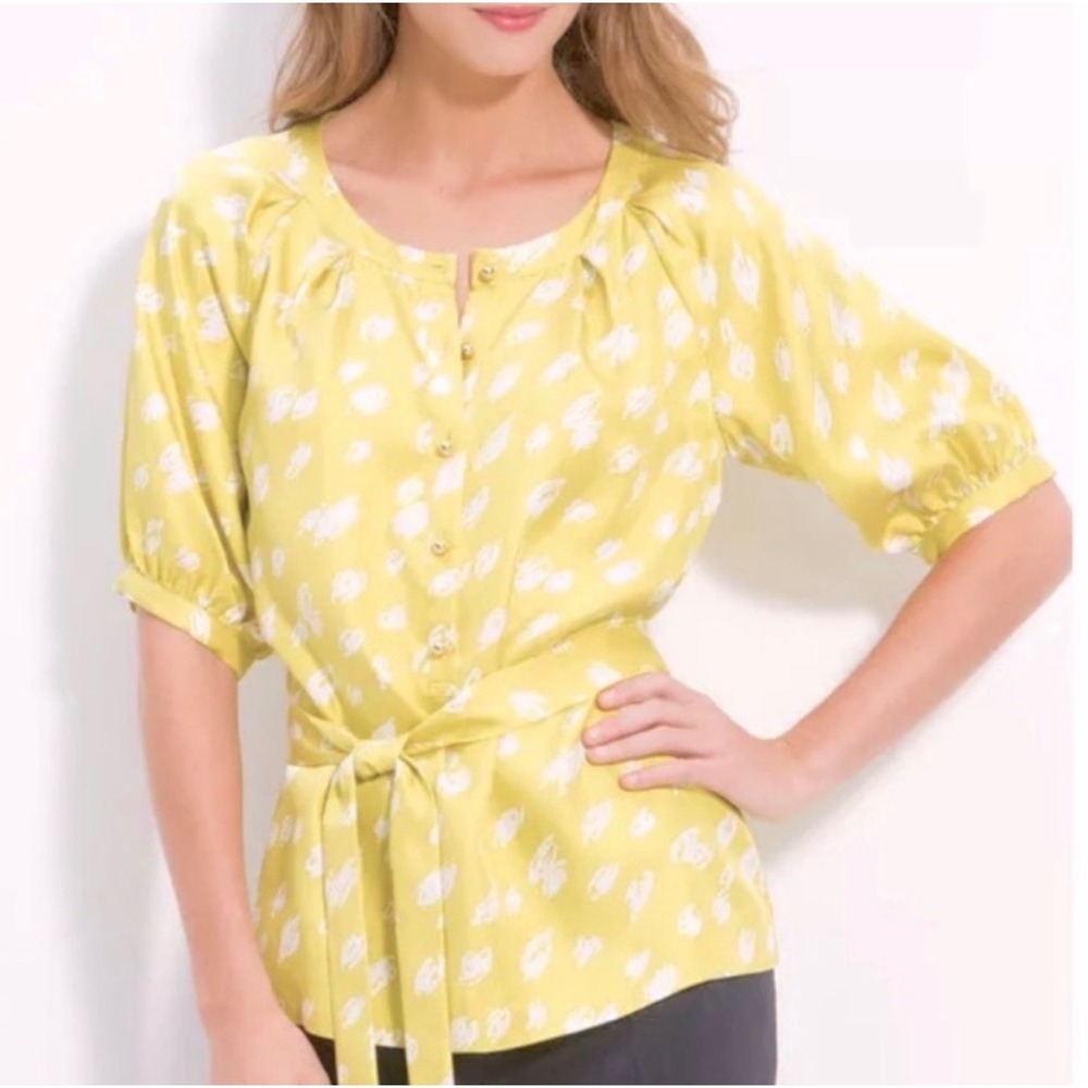 Kate Spade New York 100% Silk Sierra Puff Sleeve Blouse XXS Yellow/Green